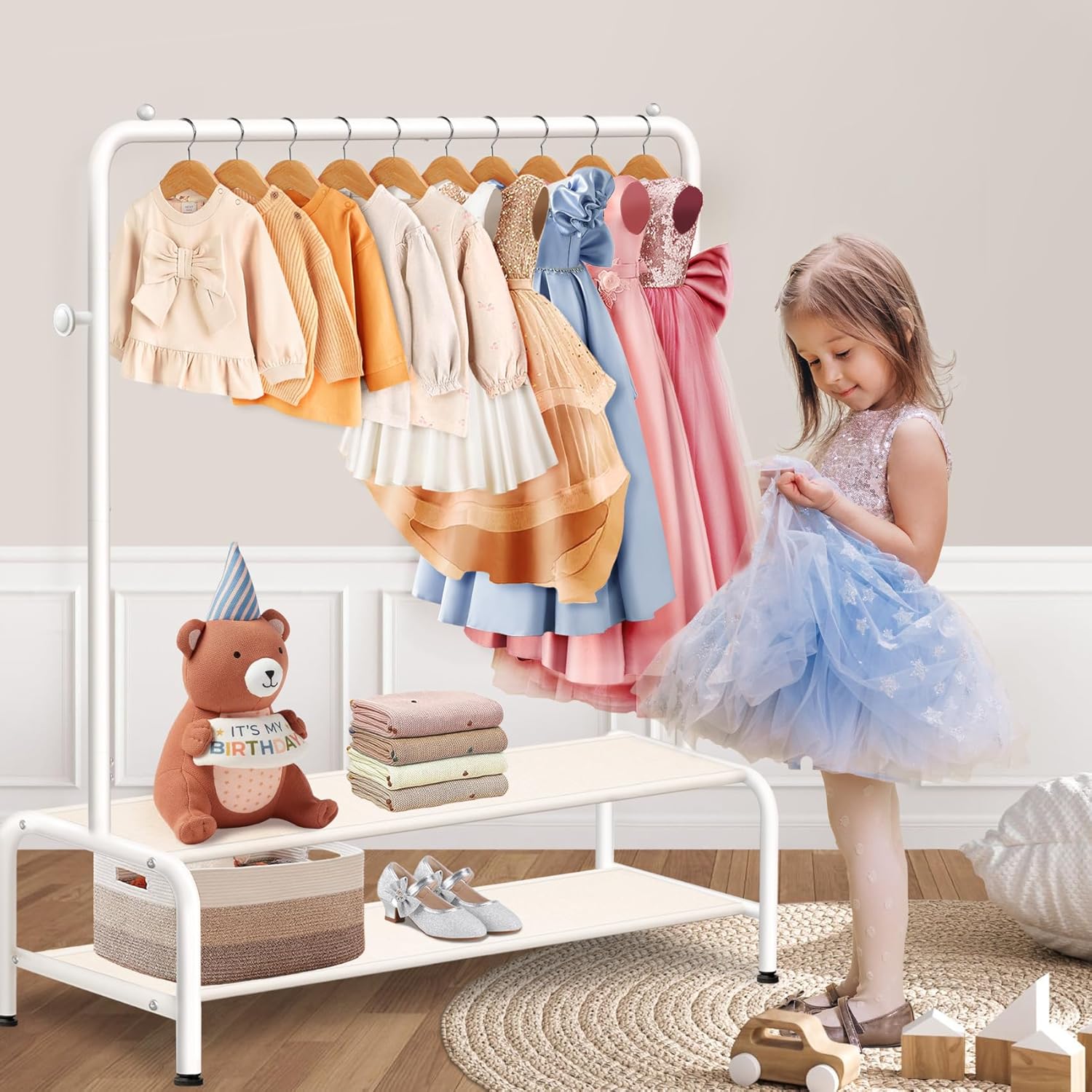 Skiennix Kids Clothing Rack - Mini Freestanding Dress Up Organizer with 2 Fabric Shelves - Toddler Closet Solution