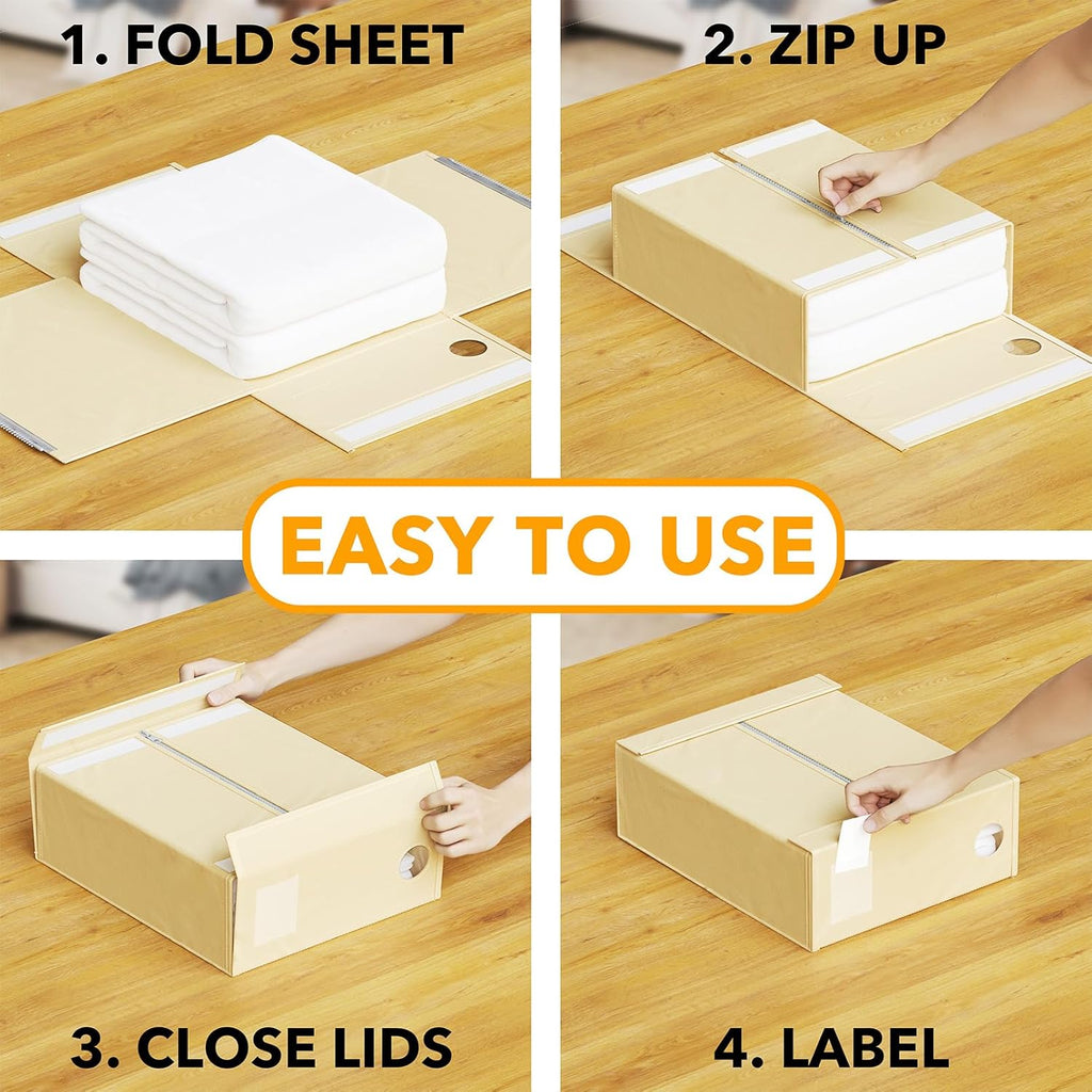SpaceAid Bed Sheet Organizers - Foldable Linen Closet Storage with Window | XL for Queen & King Size (Beige, 8 Pack)