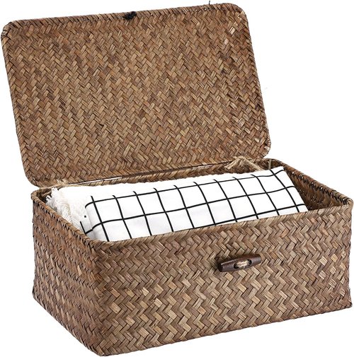 Hipiwe Wicker Shelf Baskets - Handwoven Seagrass Storage Bins with Lid | Rectangular Home Organizer, Coffee Small