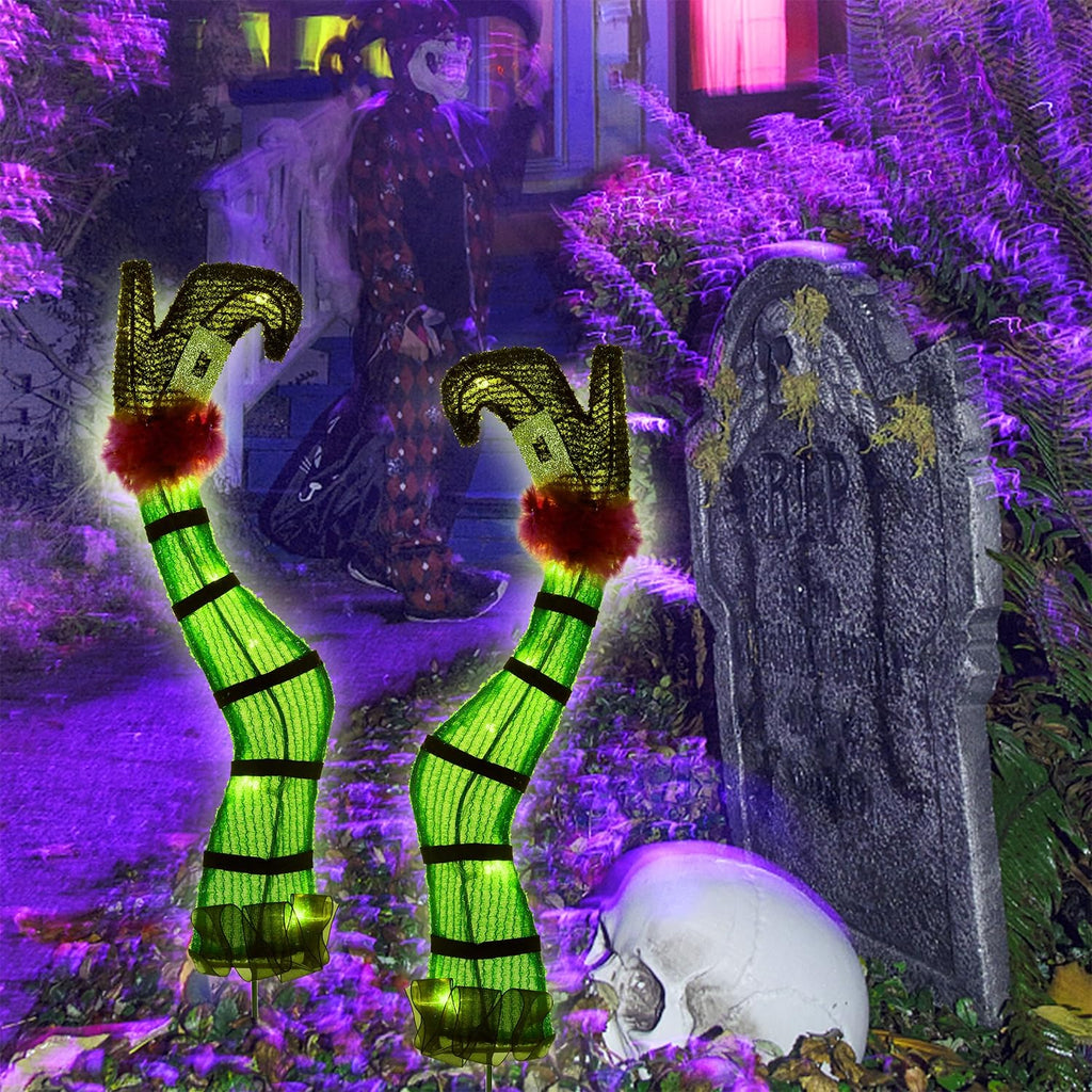 Juegoal Set of 2 Halloween Lighted Wicked Witch Legs with Stakes, 22" Light Up Tinsel Witch Prop, Halloween Yard Signs Timer & 8 Modes, Battery Operated for Outdoor Party Haunted House Garden Decor