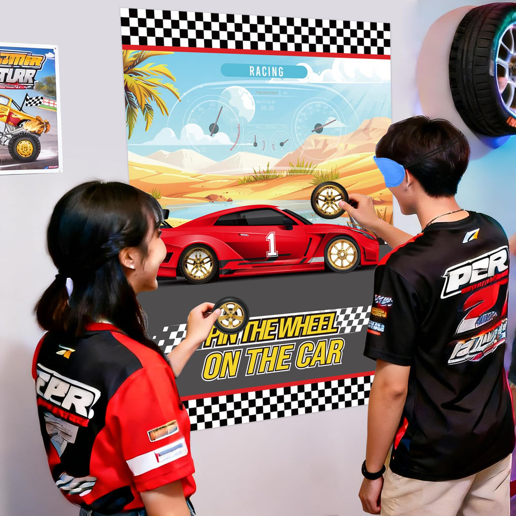 WNINK Pin The Wheels On The Car Games, Cars Party Games, Birthday Game with 30 Gold Tyres Stickers, 2 Blindfolds for Car Theme Birthday Party Racing Car Party Gifts