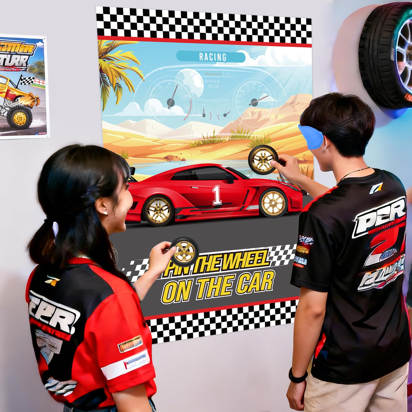 WNINK Pin The Wheels On The Car Games, Cars Party Games, Birthday Game with 30 Gold Tyres Stickers, 2 Blindfolds for Car Theme Birthday Party Racing Car Party Gifts