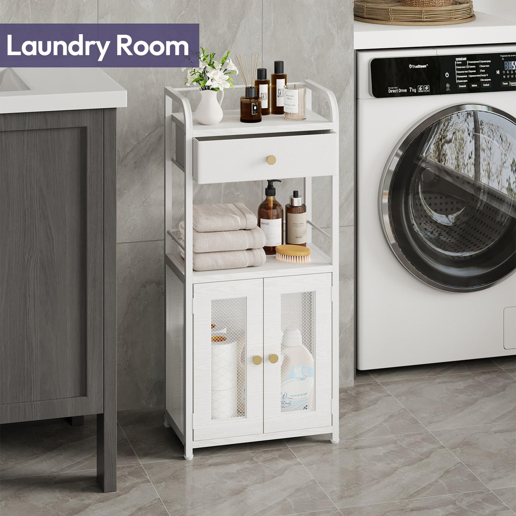 SWTYMIKI 14.57"x32.28" Bathroom Storage Cabinet – Freestanding Toilet Paper Storage with Doors & Drawer, Bathroom Organizers and Storage for Small Spaces, Laundry Room, Ideal for Towels, White