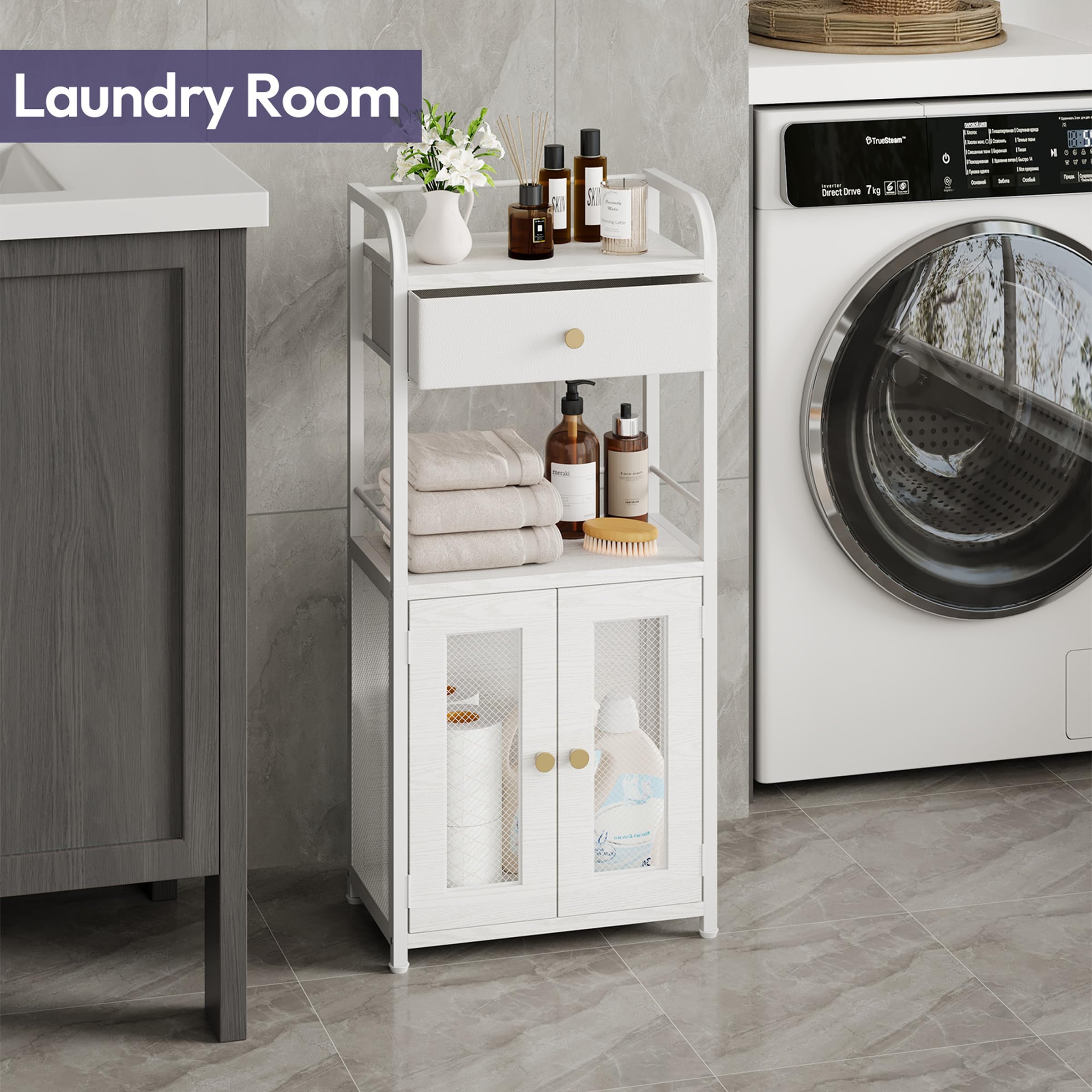 SWTYMIKI 14.57"x32.28" Bathroom Storage Cabinet – Freestanding Toilet Paper Storage with Doors & Drawer, Bathroom Organizers and Storage for Small Spaces, Laundry Room, Ideal for Towels, White