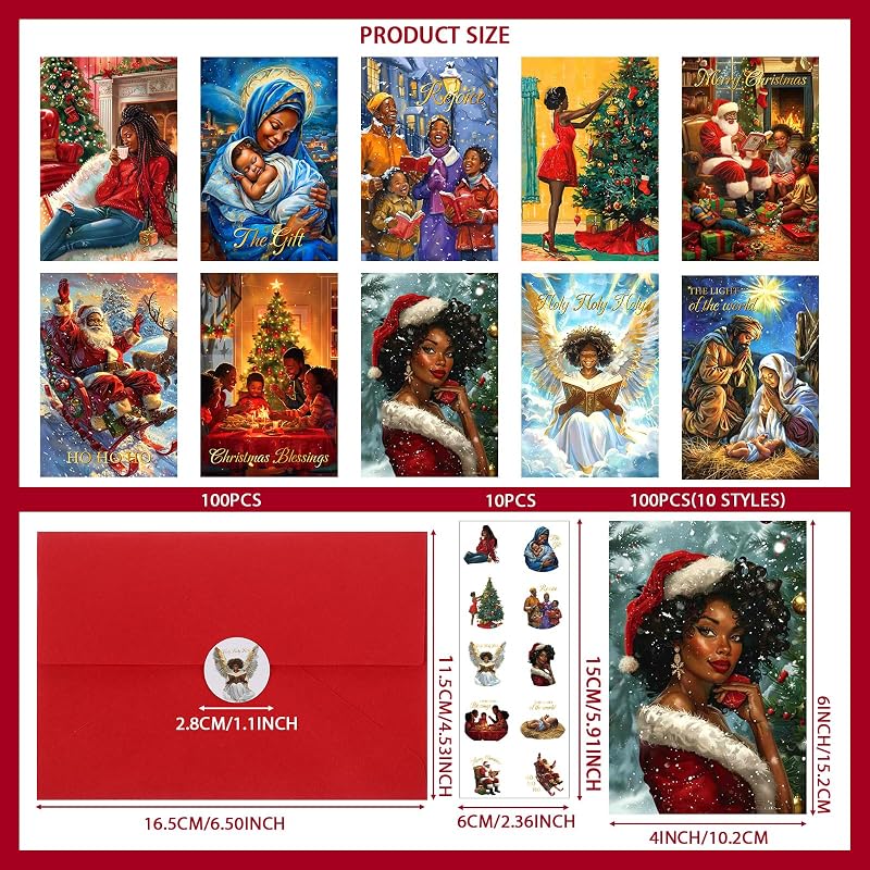 African American Christmas Cards Bulk Pack – 100 Cards with 100 Red Envelopes & 100 Stickers – 4x6 in | Variation: 100+African