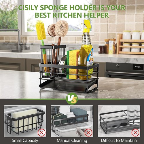 Cisily Sink Caddy - Rustproof Sponge Holder with Brush Storage & Self-Draining Tray | Black