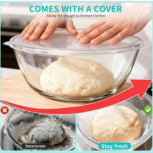 KEUYE Large Glass Bowl For Bread Making,4.7Qt(4500ml),Dishwasher Safe,Glass Bowl For Sourdough Bread Proofing,With Lid