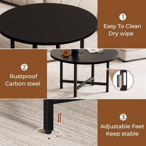 FURMORENE Coffee Table, 23.6" Small Coffee Tables, Black Round Coffee Tables for Living Room, Floor Table for Sitting on The Floor, Center Coffee Table with Metal Frame for Office Apartment Home