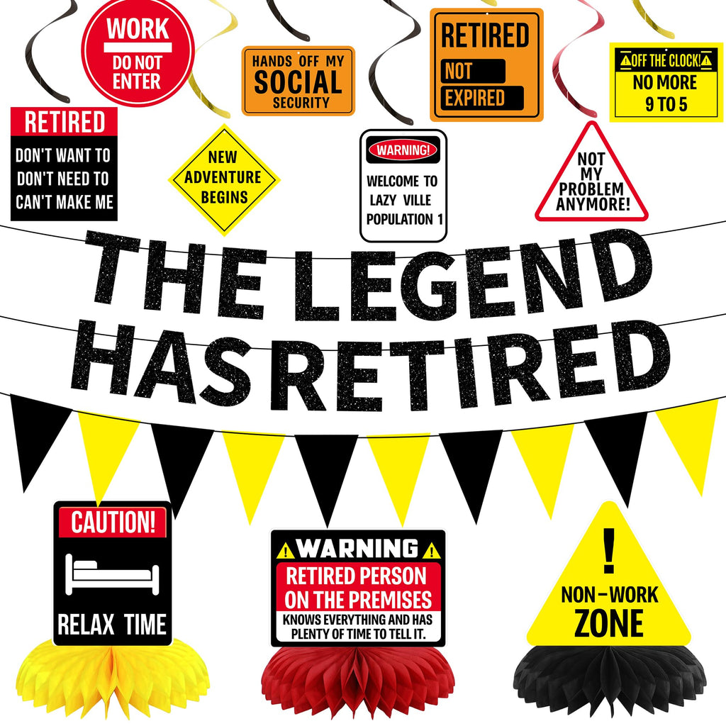 Roetyce Retirement Decorations Men Women, Caution Happy Retirement Banner Hanging Swirls Centerpieces Kit, Funny Legend Retired Party Supplies Backdrop for Coworker Family