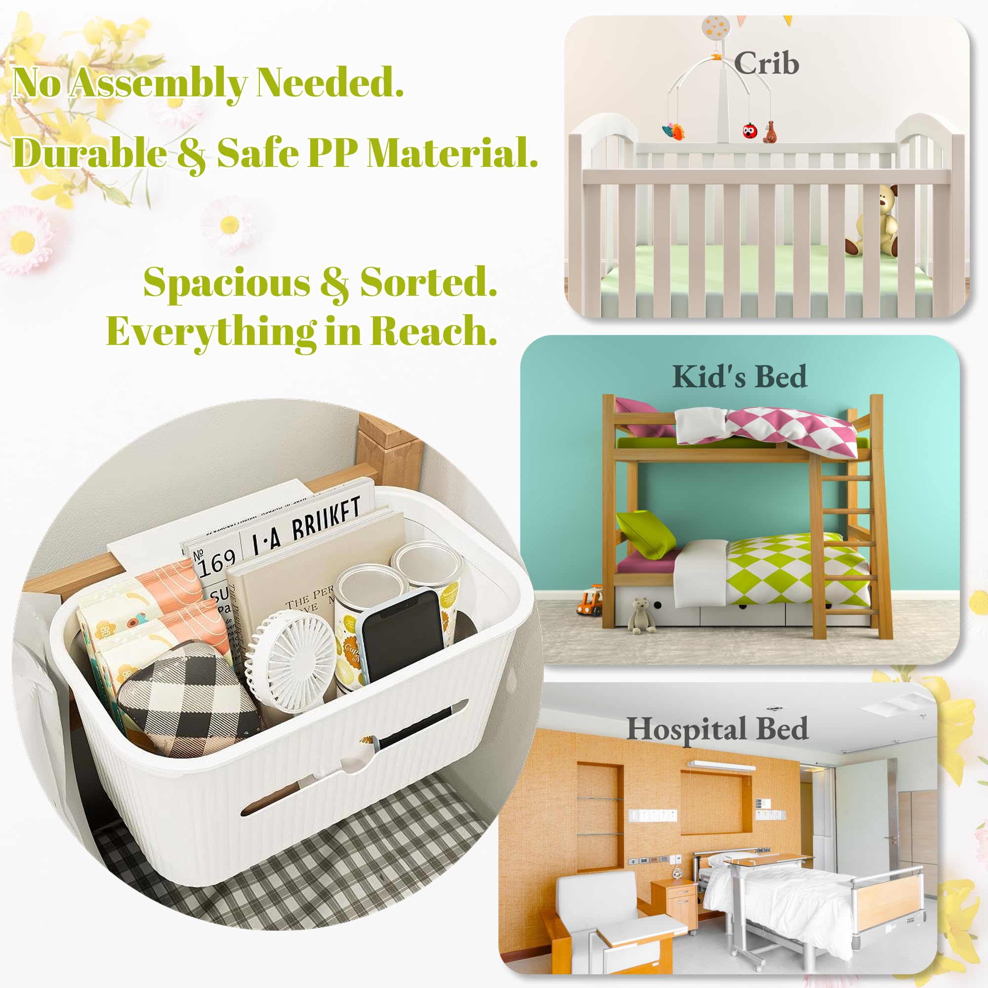VIREYA Bedside Storage Box Bin Organizer Diaper Caddy Organizer for Kids Bed, Crib, Playard ,Playpen, Nursery Bedroom, Bathroom Essentials,for Books, Tissues, Cup & Snacks (Beige)