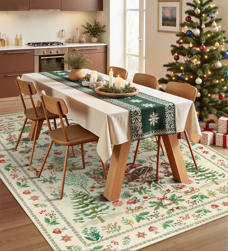 Beige Santa Claus 5x7 Area Rug - Xmas Christmas Living Room, Washable, Non-Slip Backing