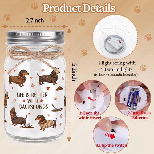 JoycuFF Dachshund Gifts for Women Dachshund Decor Weiner Dog Lover Gifts for Women Mason Jar Night Light