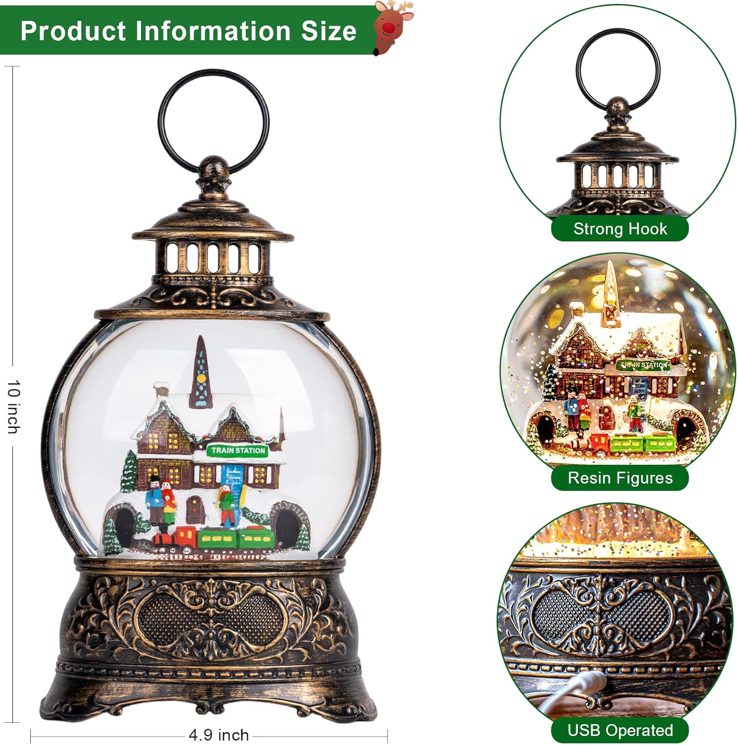 Regine Switzerland Christmas Snow Globe - Musical Water Lantern with 6-Hour Timer | USB & Battery Operated