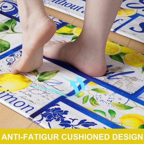 Likiyol Kitchen Mats - 2Pcs Set: Anti Fatigue, Non Slip, Lemon Print Design, Washable for Kitchen & Home Floor, 18''x30''+18''x48''