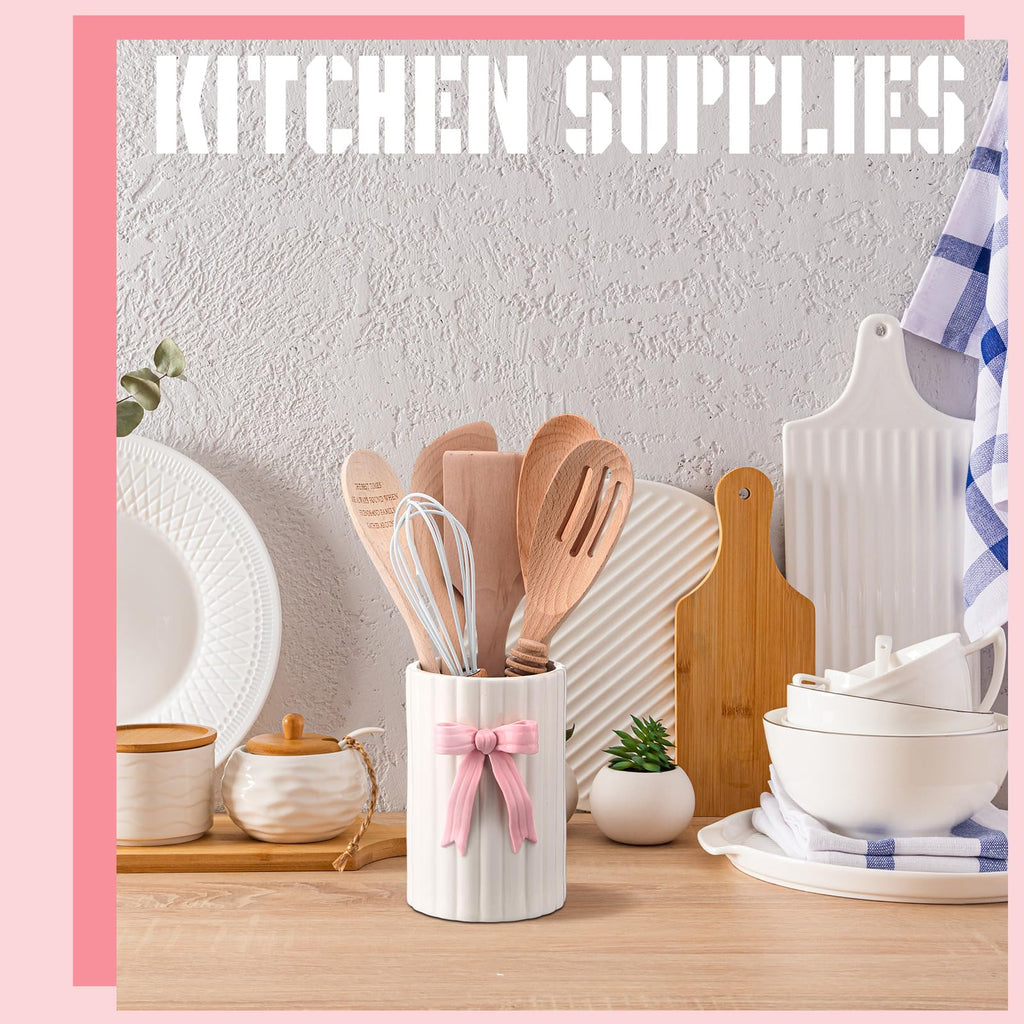 LemonRoad Pink Bow Ceramic Utensil Holder 3D Coquette Handmade Pink Kitchen Decor Mothers Day Kitchen Gifts Cooking Utensil Crock with Scalloped Preppy Caddy Pen Holder Vase for Countertop Spoon