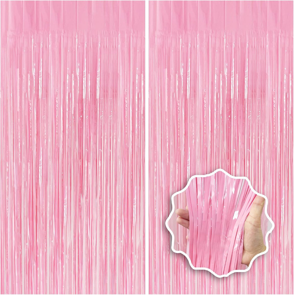 Skiennix Pastel Pink Birthday Party Backdrop - Foil Fringe Curtain 3.3x8.2ft | 2 Pack Streamers for Baby Showers & Bachelorette Celebrations