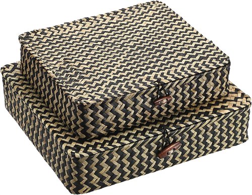 Hipiwe Woven Storage Basket Set - Natural Seagrass Bins with Lids for Home Decor | 2-Pack with Black Stripes
