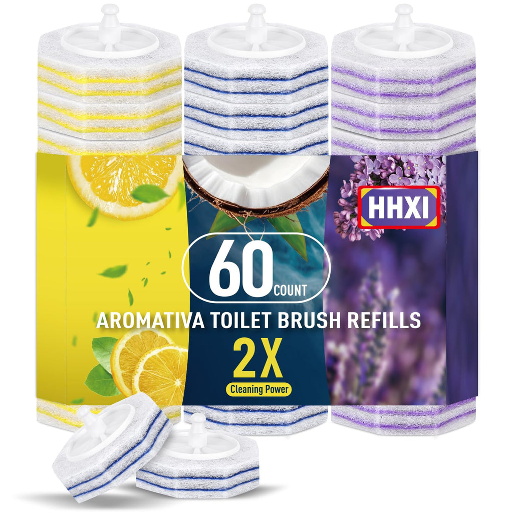 HHXI 60Ct Aromative Toilet Brush Refills, Toilet Bowl Cleaner Refills, Double-Layer Cleaning Pads Added, Disposable Refill Heads for Toilet Bowl Cleaner Wands, Bulk （Patented）