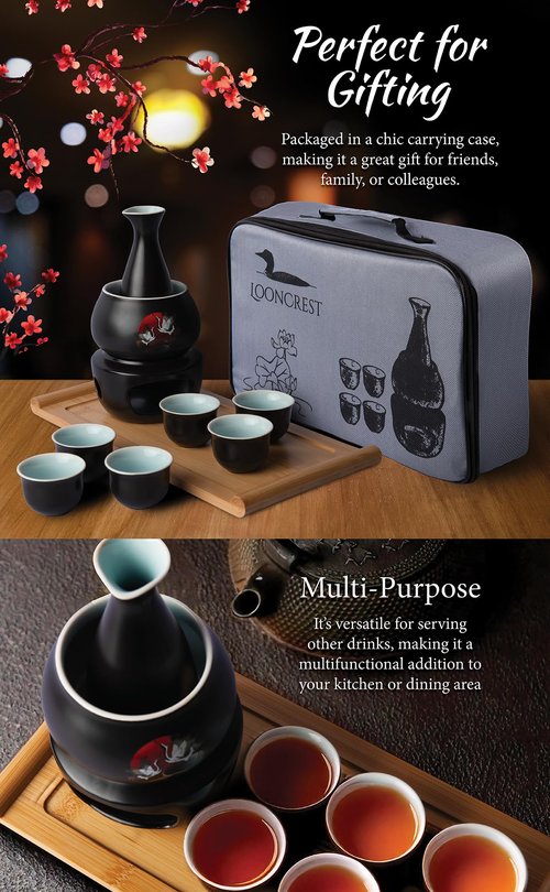 Japanese Sake Cup Set with 6 Ceramic Cups, 1 Ceramic Sake Bottle, 1 Ceramic Sake Warmer, Bamboo Tray, and Cloth Carrying Case - Perfect Hot Sake Set for Authentic Japanese Experience