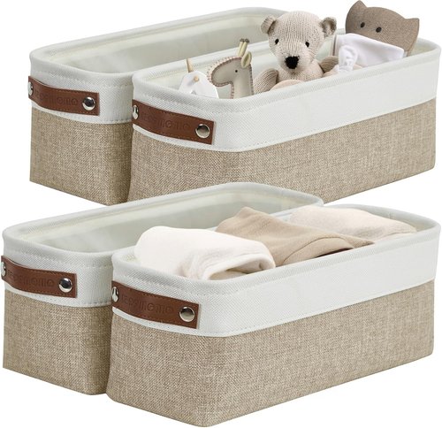 DECOMOMO Narrow Storage Bins - Small Organizing Baskets for Bathroom & Entryway | Beige & White Set of 4