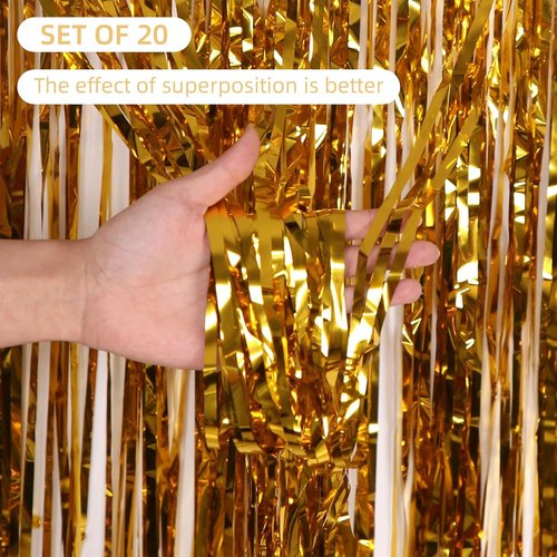 Gold Foil Curtain Backdrop by [Brand Name] - 20 Pack Metallic Tinsel Fringe | 3.2ft x 8.2ft for Birthday Parties