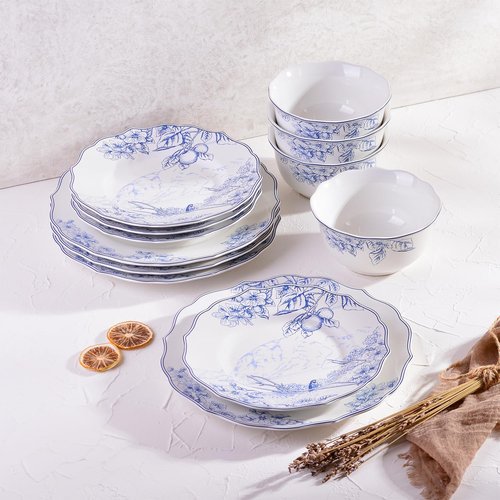 222 Fifth 12-Piece Porcelain Dinnerware Set for 4, Elegant Floral Plates and Bowls Sets- White/Blue Ceramic Dishes, Chip Resistant Kitchen & Dining Dish Set, Microwave & Dishwasher Safe, Hudson Valley