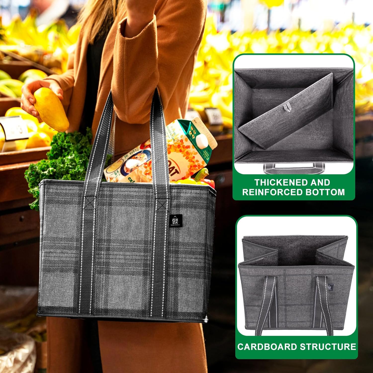 VENO Reusable Grocery Bags - Heavy-Duty Utility Tote with Handles & Hard Bottom | 3 Pack, Water Resistant, 6 Gallon
