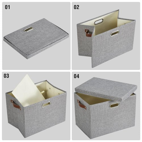 Roobyl 17" Large Collapsible Storage Bins with Lids, Stackable Closet Organizers with PU Handle and Labels, 3-Pack Decorative Fabric Storage Boxes for Home, Bedroom, Closet, Office, Nursery(Gray)