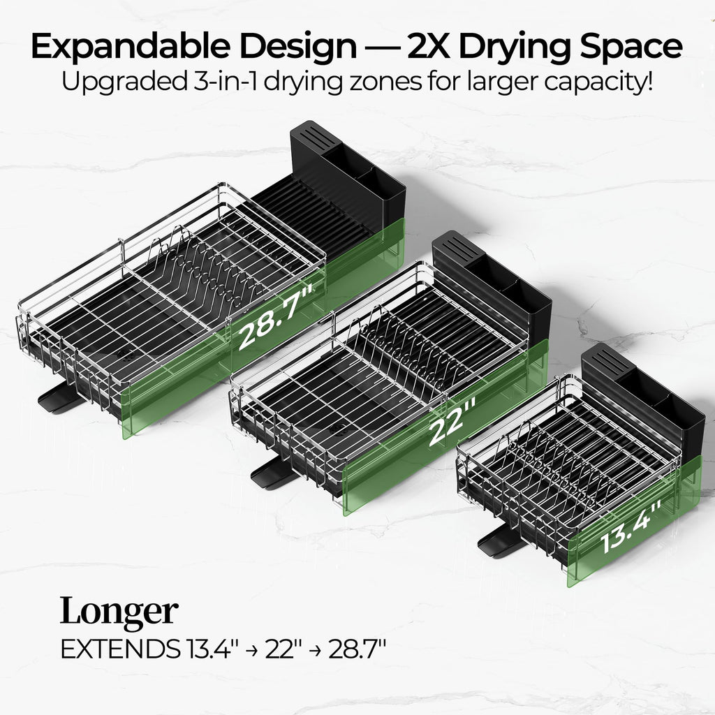 Pantasia Large Dish Drying Rack, Expandable Dish Rack, Stainless Steel Anti-Rust Dish Racks for Kitchen Counter, Multifunctional Dish Drainer with Utensil Holder & Cup Holder, 13.4"-28.7" L x 11.8" W