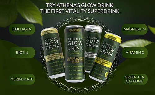 Athena's Glow Vitality Drink, Green Tea with Collagen & Magnesium, 100mg Natural Caffeine, 40 Calories, 12oz Cans, Superdrink Variety Pack (All 4 Flavors), 24-Pack