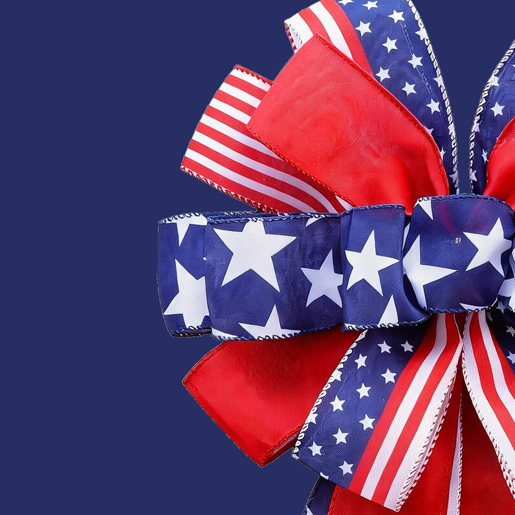 Patriotic 4th of July Tree Topper Bow by [Brand Name] - Pre-Tied 52x13 Inch Ribbon for Wreaths & Decor | Red, Blue, White
