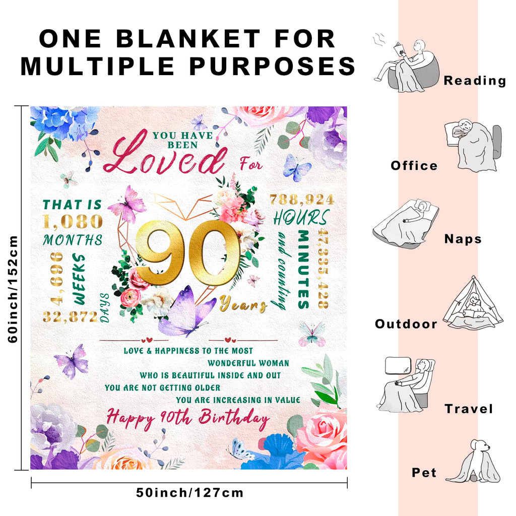 90th Birthday Gifts for Women, 90 Year Old Birthday Gifts for Women, Best Gift for 90 Year Old Woman Throw Blanket 50"x60", 1936 Bday Gift Ideas for Woman, Happy 90th Bday Decorations for Female