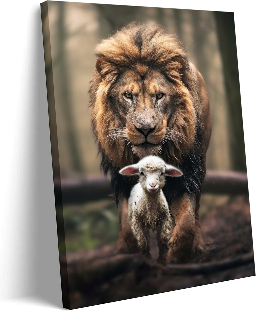 Skiennix Framed Lion and Lamb Canvas Wall Art - Christian Jesus Poster for Living Room & Bedroom Decor
