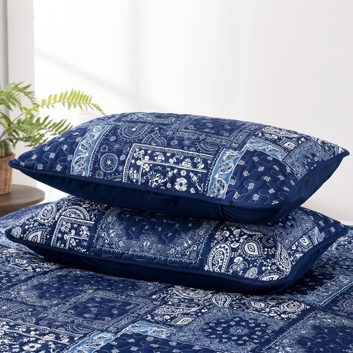 Cottolester Blue Patchwork Quilt Set Queen Size,Boho Navy Blue Quilt Set,Paisley Farmhouse Bedspread Soft Microfiber Bedding Set for All Season 96"x90"