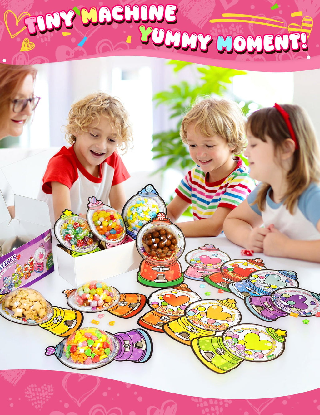 56 PCS Gumball Machine Valentines Candy Card Set, DIY Valentine Cards with Plastic Domes, Valentines for Kids Party Favor, Valentine School Classroom Exchange Prizes for Girls Boys（No Snacks Inside）