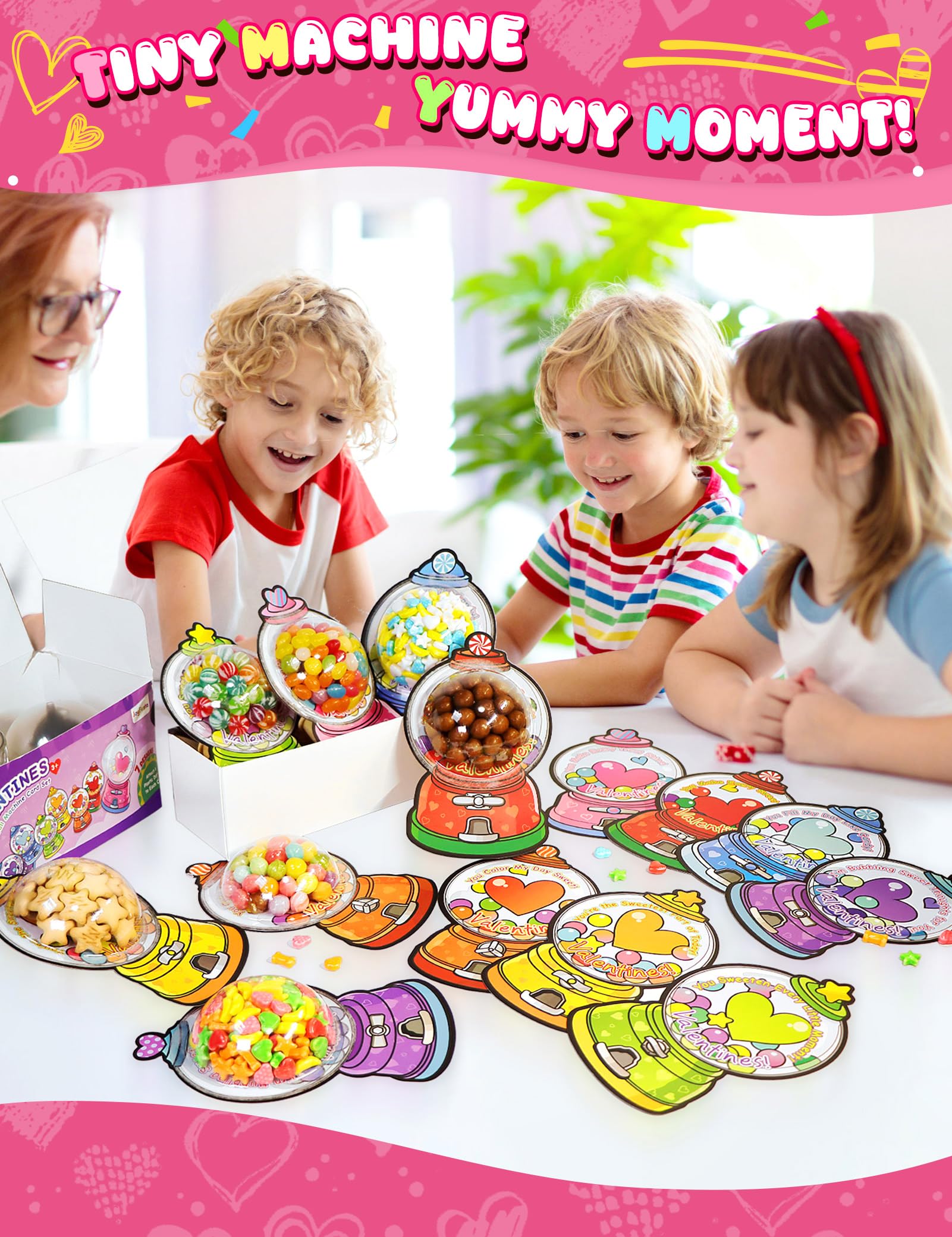 56 PCS Gumball Machine Valentines Candy Card Set, DIY Valentine Cards with Plastic Domes, Valentines for Kids Party Favor, Valentine School Classroom Exchange Prizes for Girls Boys（No Snacks Inside）