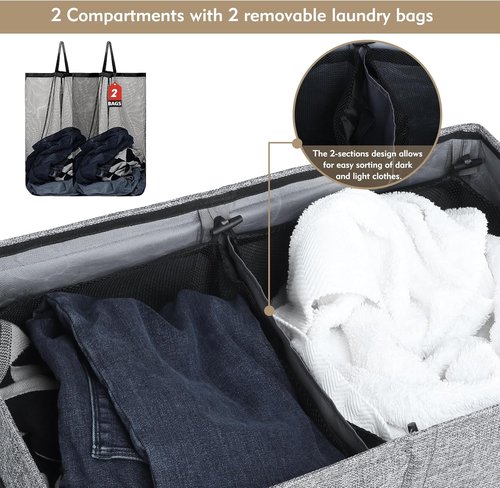 DOKEHOM 150L Double Laundry Basket - Collapsible Hamper with Lid & Removable Bags | Grey