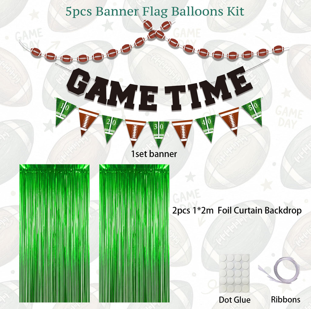 Football Party Decorations Set with Green Fringe Curtains & GAME TIME Banner – Game Day Football Decor, Football Themed Party Supplies for Birthday, Watch Party & Sports Events