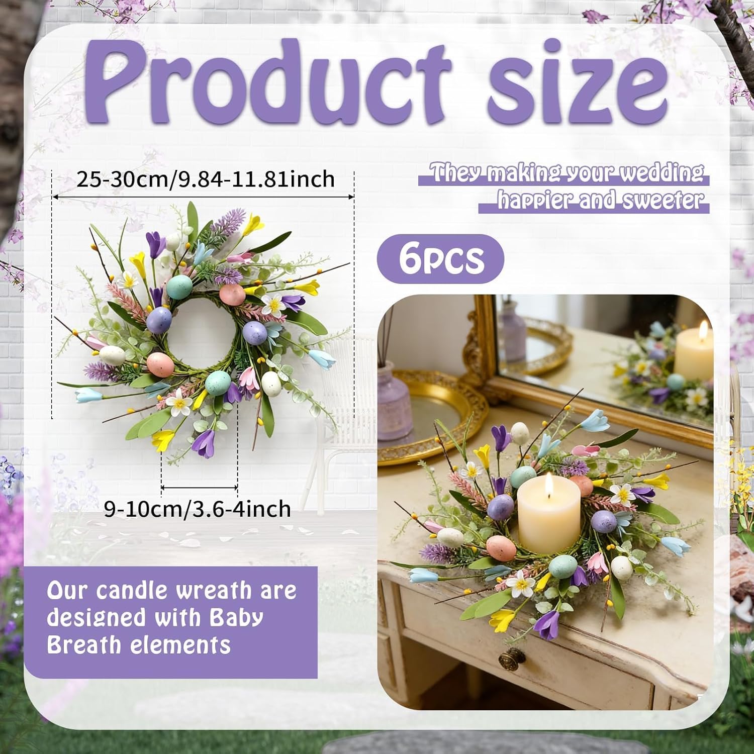 Skiennix Easter Candle Rings - 6 Pcs Mini Pillar Holders with Eggs & Flowers | Spring Yellow Berries Decor