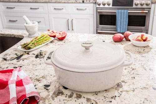 Lodge 7 Quart Enameled Cast Iron Dutch Oven - Versatile Cooking & Baking - Oven Safe to 500°F - Oyster White