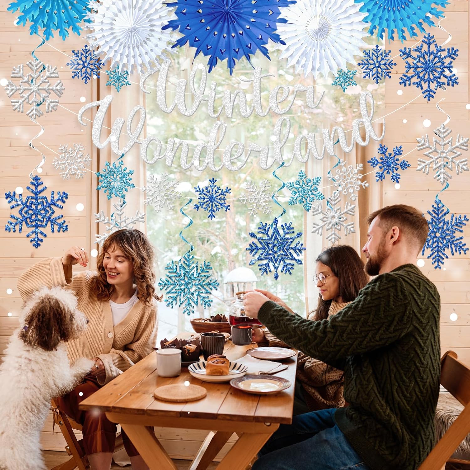 Winter Wonderland Decorations - Blue Glitter Banner & Snowflake Ornaments for Festive Indoor Decor
