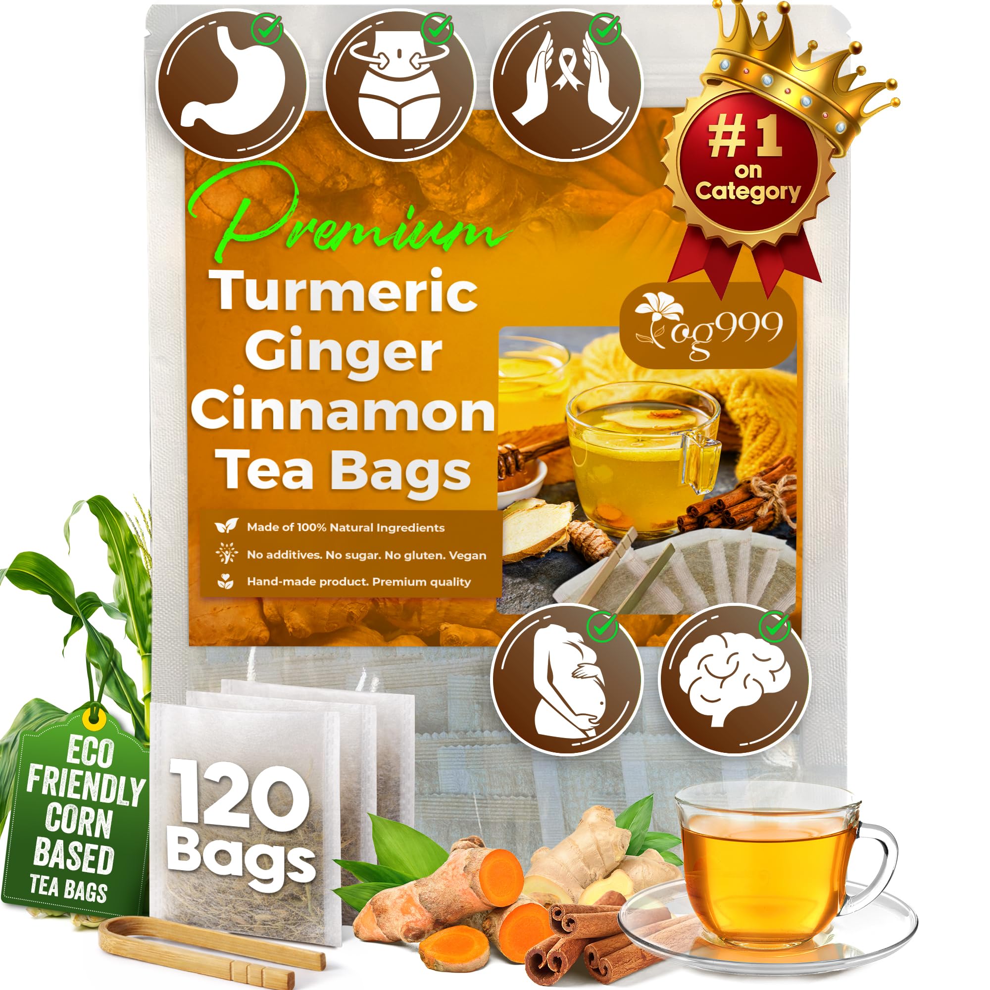 TOG999, 120 Bags Premium Turmeric Ginger Cinnamon Tea. Upgraded Version. Improve Digestion, Support Brain, Weight, Skin and Sleep. Eco-Conscious Tea Bags. No Sugar, No Caffeine, No Gluten, Vegan.