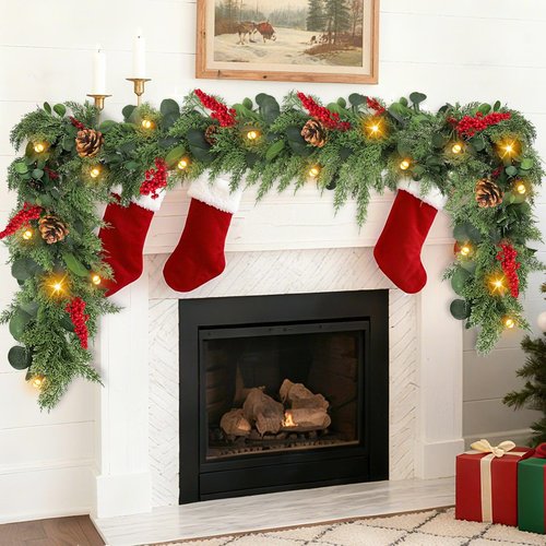 Extra Thick & Lush - Prelit Christmas Garland with 30 Lights Timer, 6Ft by 12 Inch Real Touch Cedar Garland with Berry Pinecone, Battery Operated Realistic Soft 130 Tips Xmas Garlands Indoor Outdoor