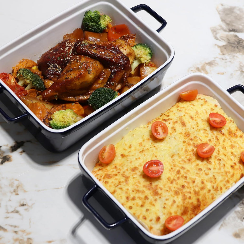 Skiennix Baking Pan - Deep Ceramic Lasagna Dish with Handles & Lid | Navy Blue, 3.1 Quarts