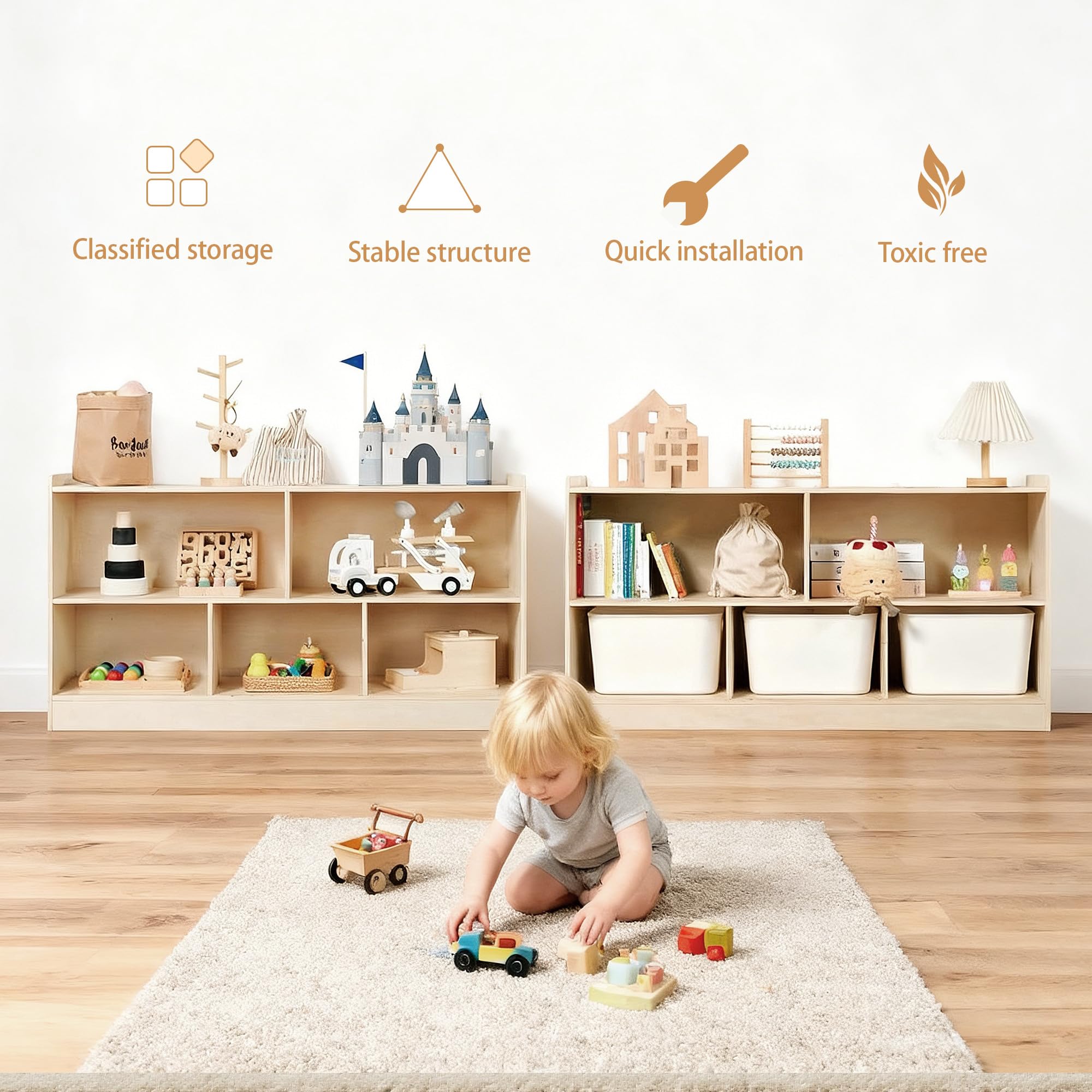 Leeshyah Wooden Toy Shelf for Kids, Montessori Book & Toy Organizer with Open Shelving, 5-Section Customizable Layout for Kids’ Room, Playroom & Classroom