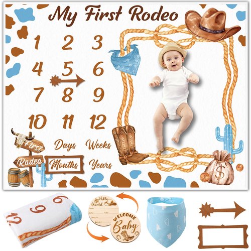 Guiqulai Cowboy Baby Boy Milestone Blanket Western Theme Cow Print Baby Growth Chart Blanket for Boy Newborn My First Rodeo Birthday Party Supplies