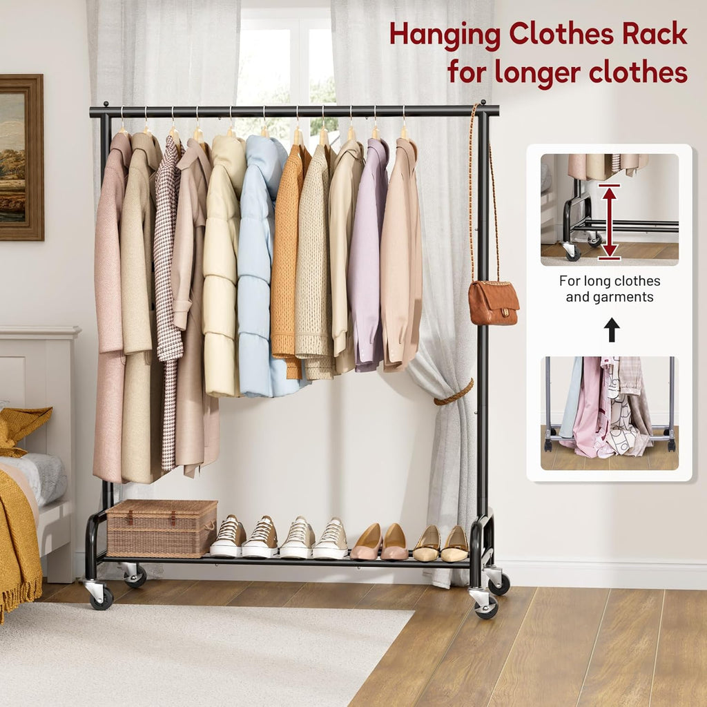Sleeping Lamb Heavy Duty Clothing Rack - 43" Wide Rolling Garment Rack with Wheels | Black Metal Hanger for Coats & Shirts