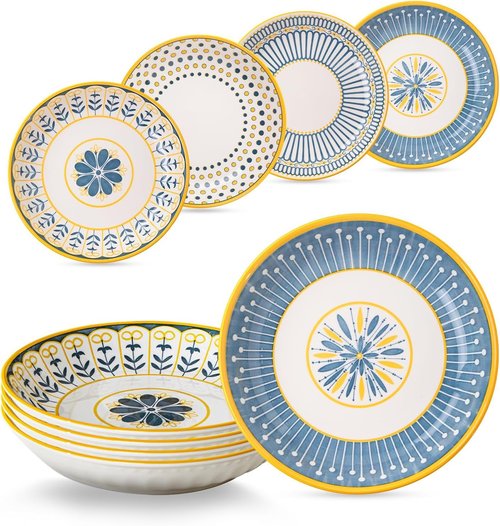 Yeacccng Bohemian Pasta Bowls Set of 4, 24 Oz Ceramic Salad Bowls, 8 Inch Shallow Bowls for Kitchen, Lead-Free Dishwasher & Microwave Safe