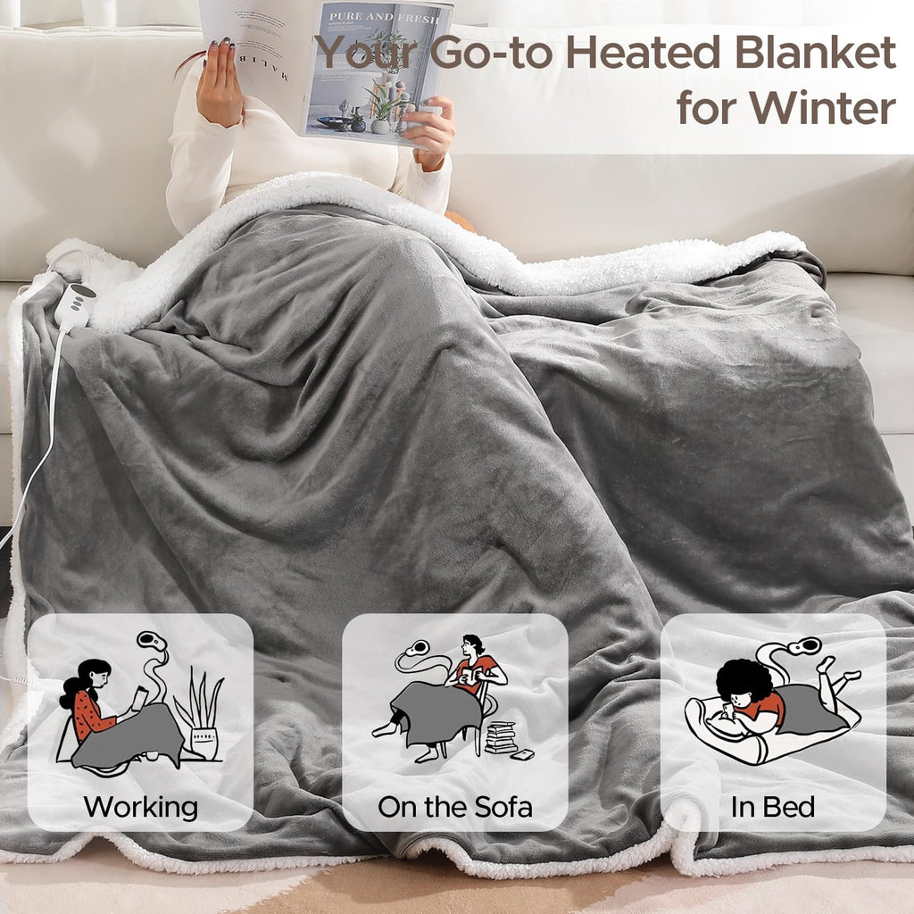 STHYTON Heated Blanket 72"x84" Full Size, Dual-Sided with Soft Flannel & Sherpa Fabric, Electric Blanket with 9 Heating Levels & 2-10 Hours Auto Off, Machine Washable, Light Gray