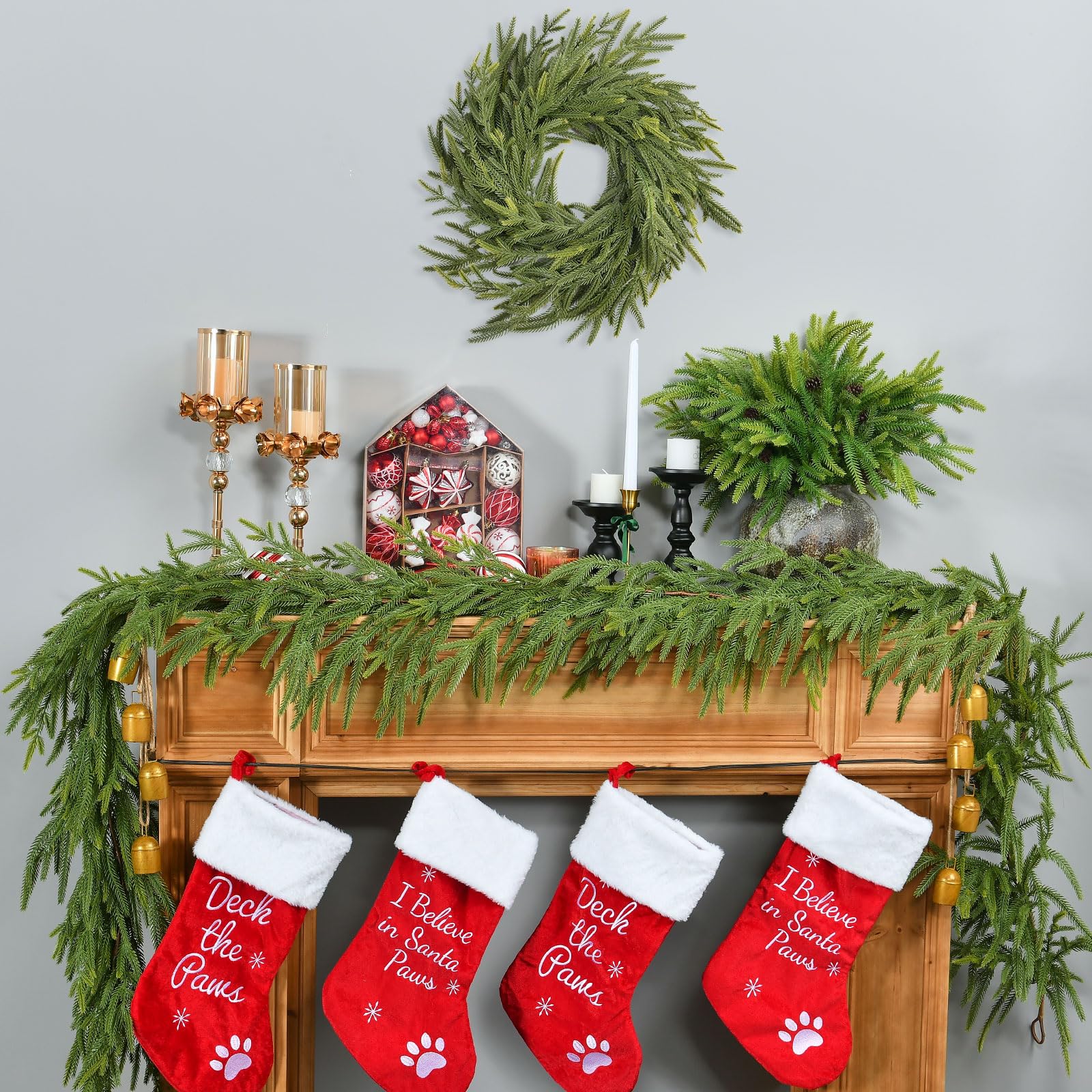 2 PCS 9 FT Artificial Norfolk Pine Garland, Real Touch Christmas Garland, Faux Winter Pine Garland for Fireplace Mantle Table Wall Stair Indoor Outdoor Xmas Holiday Christmas Decorations